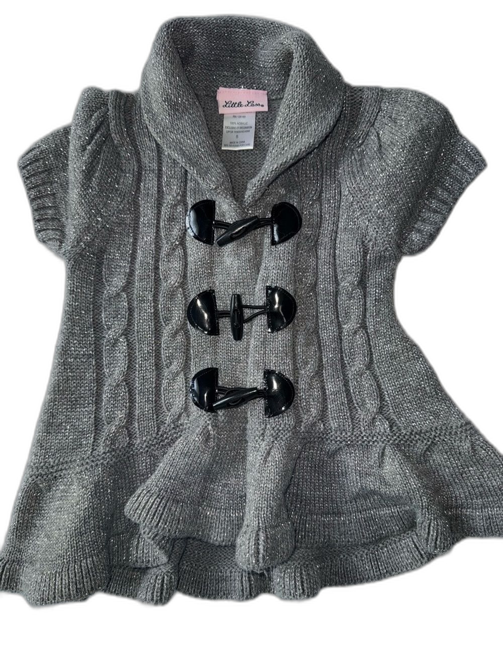 Little Lass Cardigan Baby Girl Size 5 Gray Cable Knit Short-Sleeve Toggle !